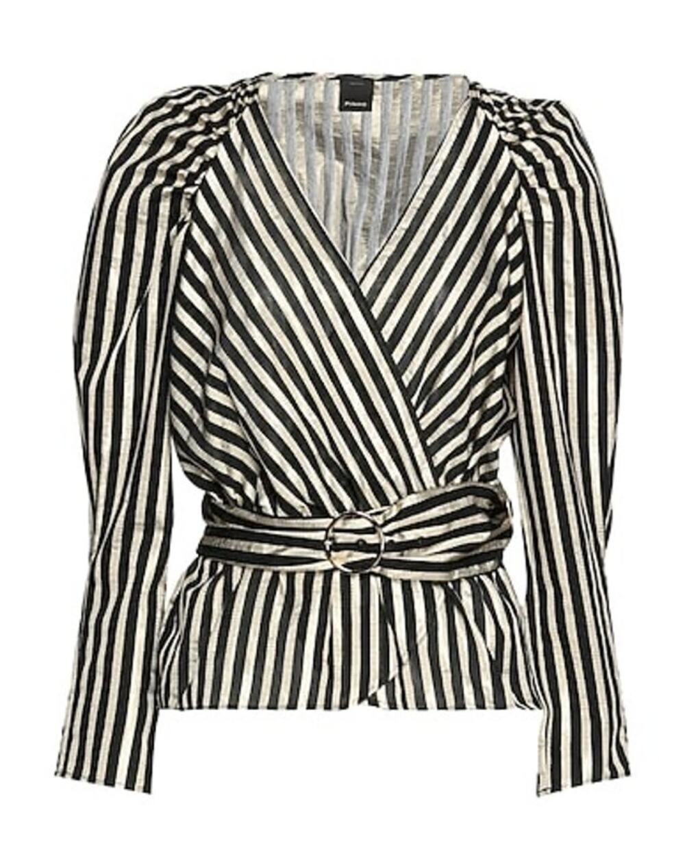 Pinko Clarence 1 Blusa Striped Belted Puff Sleeve Black Gold Lurex Wrap Top XS